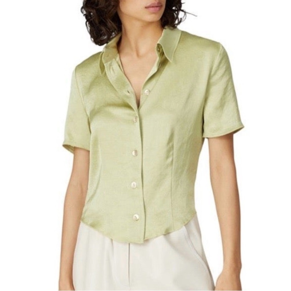 Nanushka Clare Button Down Top Satin Silk Green Shirt XS Flaws Crinkle